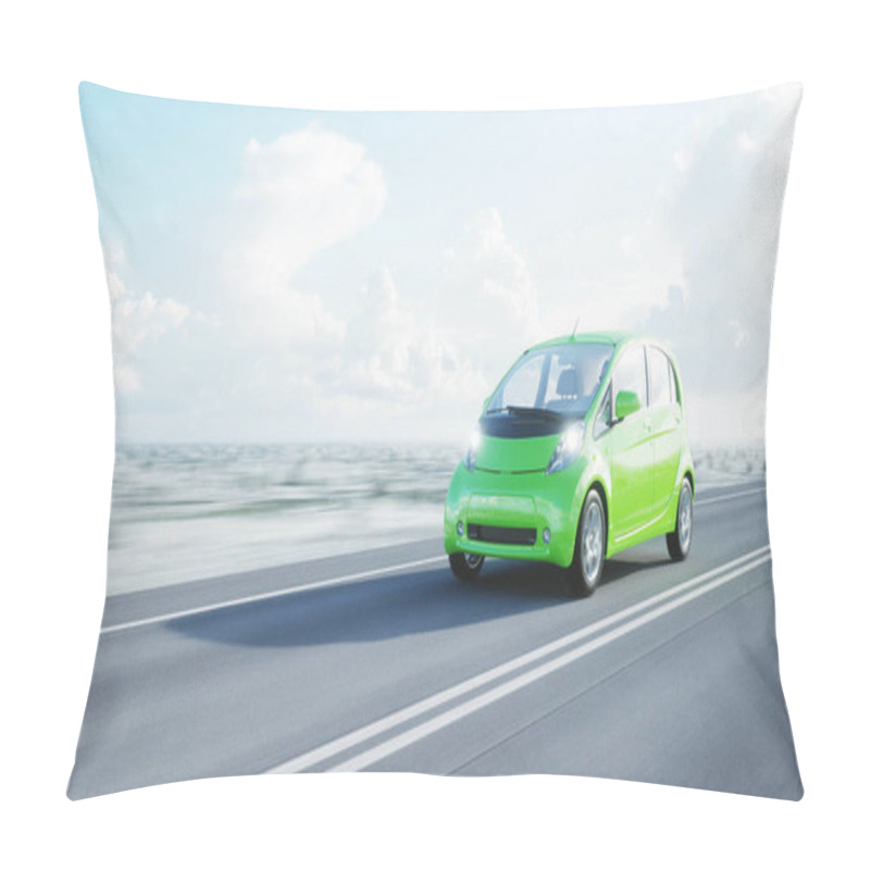 Personality  3d Model Of Electric Green Car With 3d Model Of Man. Render. Ecology Concept. 3d Rendering. Pillow Covers