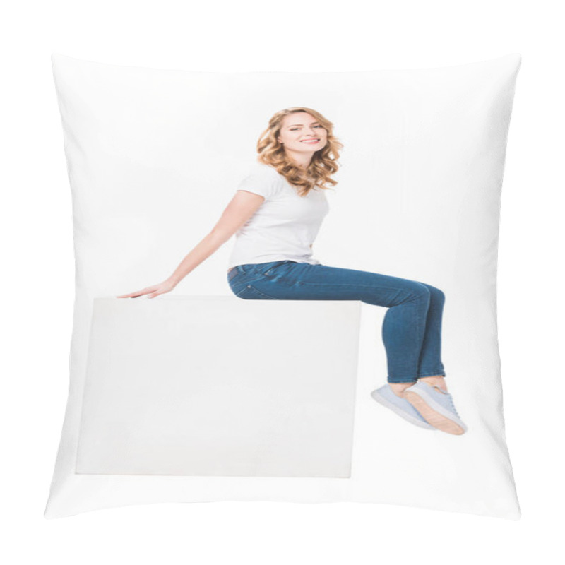 Personality  Cheerful Woman Sitting On Empty  White Cube Isolated On White Pillow Covers