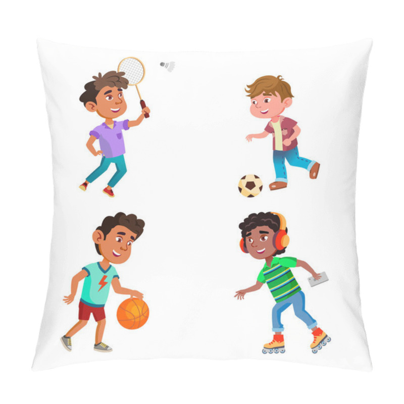 Personality  Kids Boys Play Sport Game On Playground Set Vector. Children Playing Football And Basketball With Game, Badminton And Rollerblading Sport Active Time. Characters Flat Cartoon Illustrations Pillow Covers