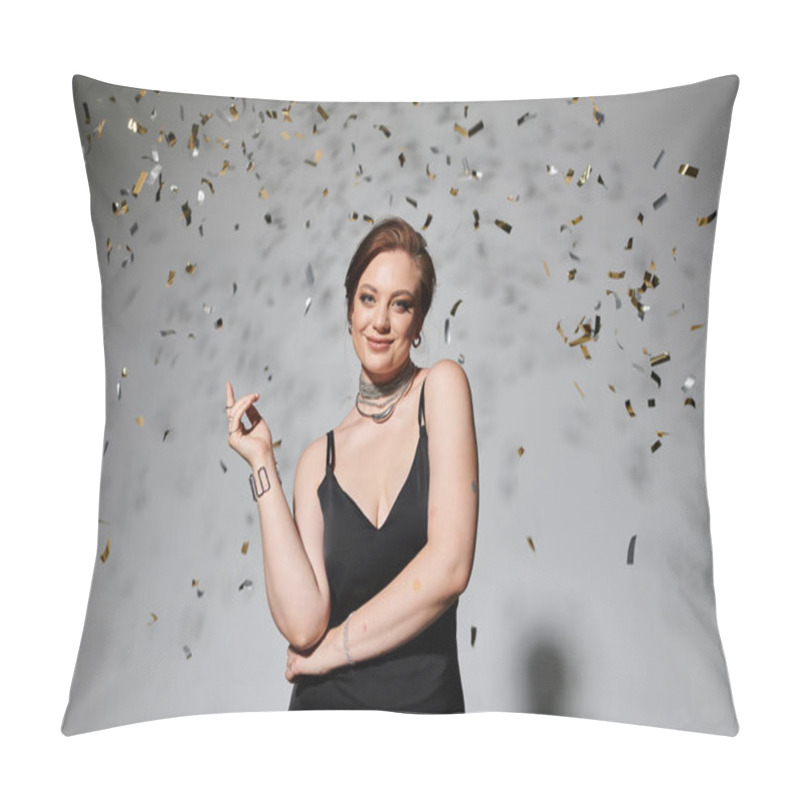 Personality  A Young Woman In Elegant Attire Stands Confidently As Confetti Swirls Around Her. Pillow Covers