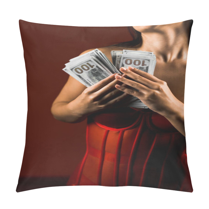 Personality  Sensational Woman In Red Bodysuit Joyfully Throwing Money In A Vibrant Setting To Celebrate Success And Happiness.Success Concept Pillow Covers