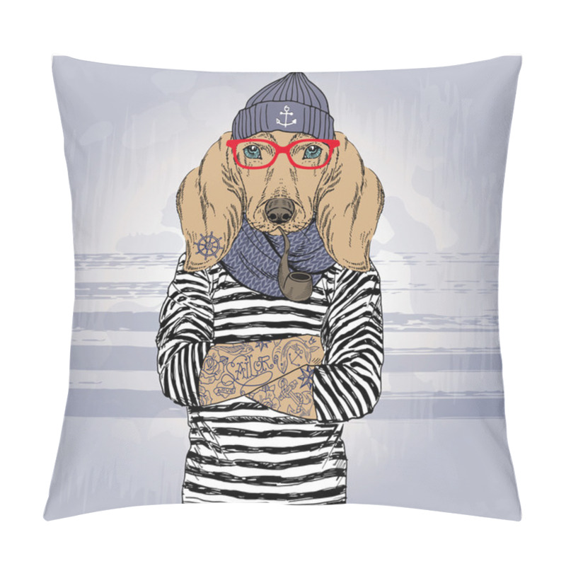 Personality  Hand Drawn Illustration Of Dachshund Sailor With Tattoo Pillow Covers