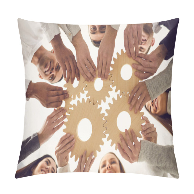 Personality  Team Of People Joining Gears As Metaphor For Effective Teamwork And Finding Working Solution Pillow Covers