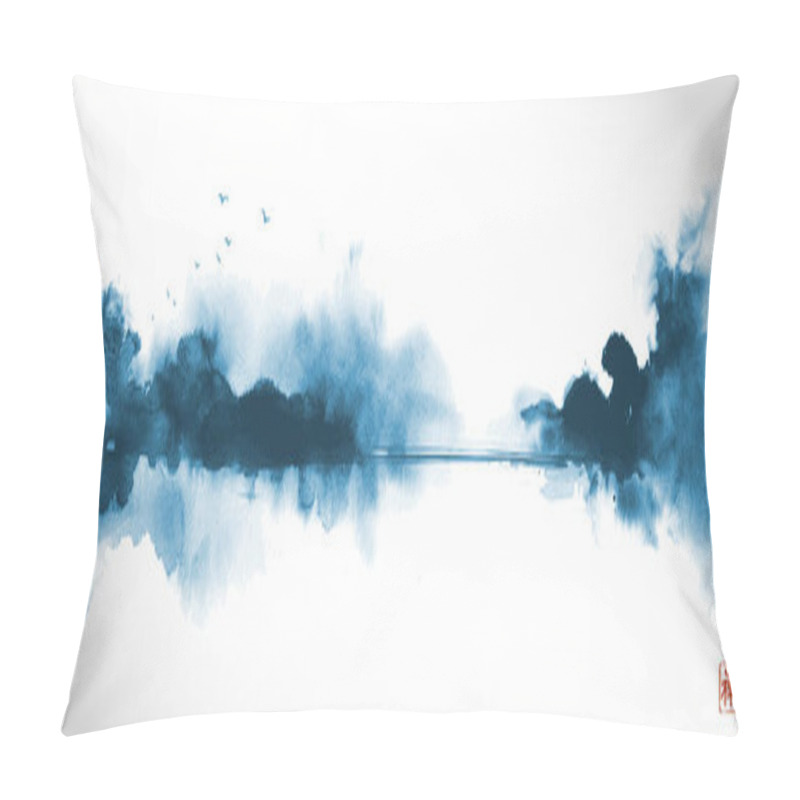 Personality  Ink Wash Painting Of A Misty Landscape With Trees, Birds, And Lake In Blue Tones. Traditional Oriental Ink Painting Sumi-e, U-sin, Go-hua. Translation Of Hieroglyph - Zen. Pillow Covers