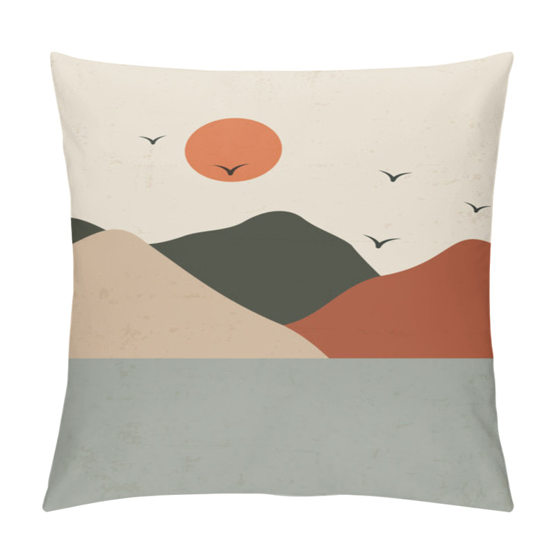 Personality  Minimalistic Textured Mountain Landscape Background.Mid Century Modern Vector Illustration With Hand Drawn Mountains And Lake.Trendy Contemporary Design.Wall Art Decor. Pillow Covers