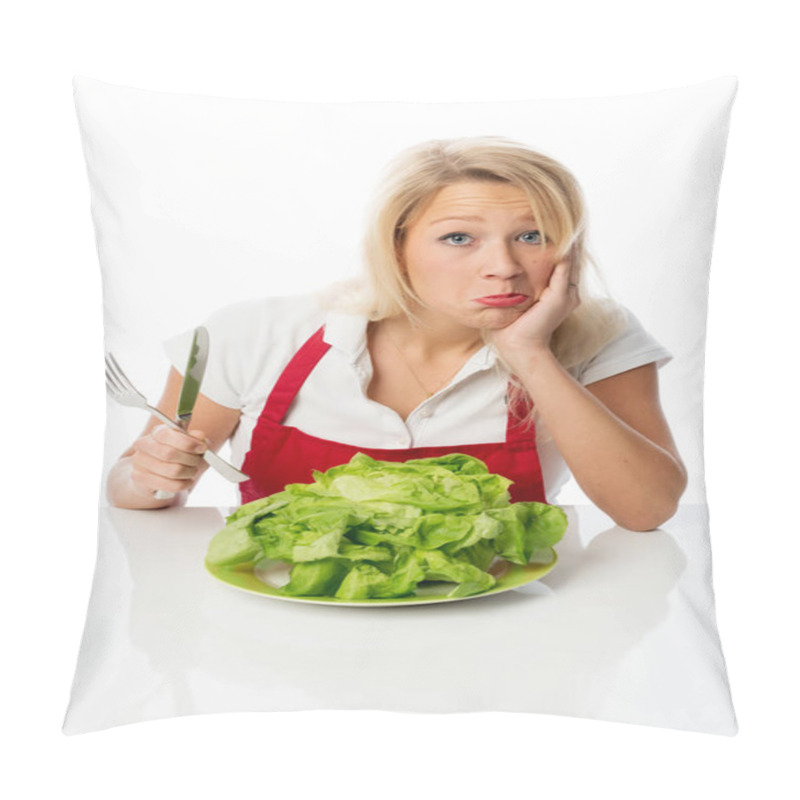 Personality  Blonde Housewife Presenting A Head Of Lettuce Pillow Covers