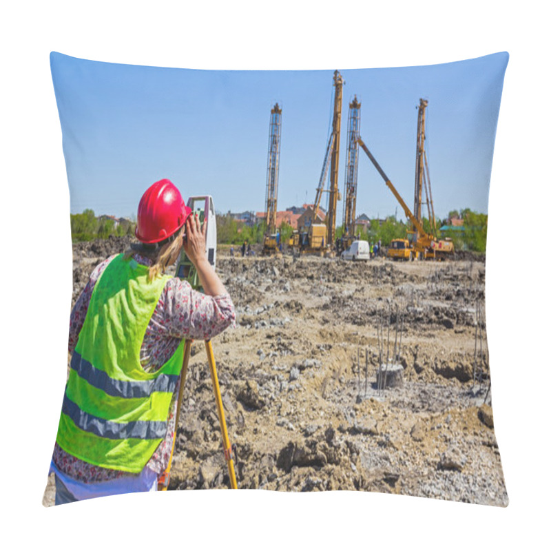 Personality  Female Geodesist Is Working With Total Station On A Building Sit Pillow Covers