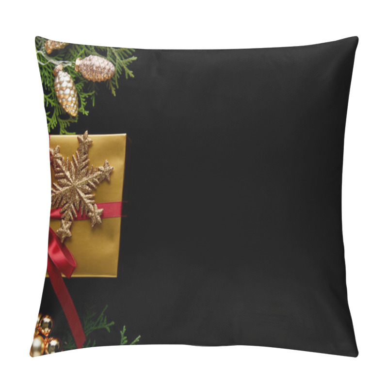 Personality  Top View Of Shiny Golden Christmas Decoration, Green Thuja Branches And Gift Isolated On Black With Copy Space Pillow Covers