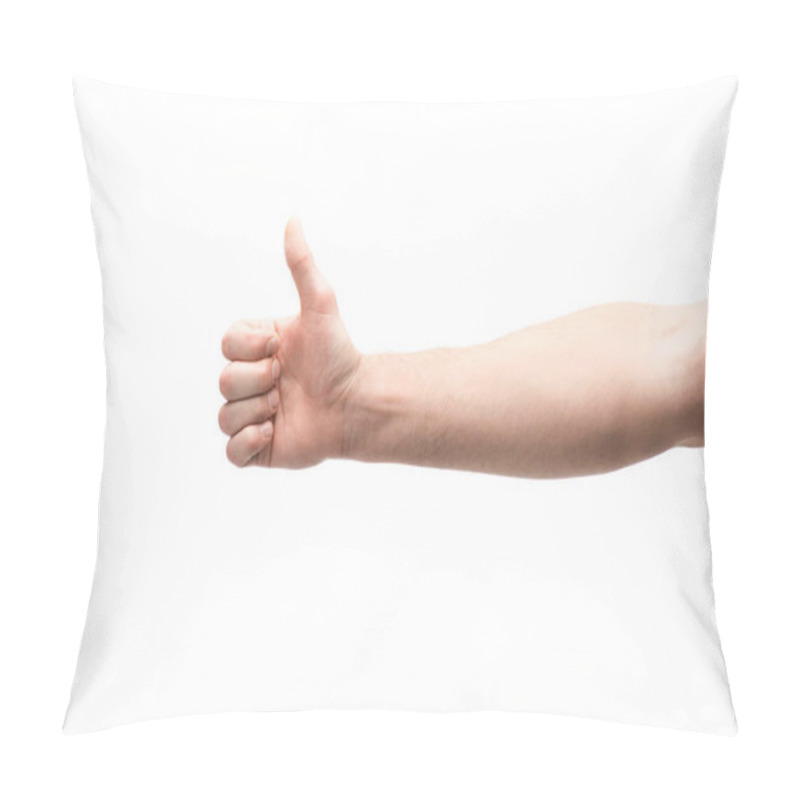 Personality  Cropped View Of Man Showing Thumb Up Isolated On White Pillow Covers