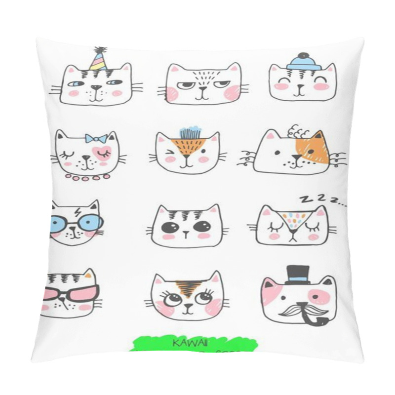 Personality  Big Kawaii Set Of Doodle Cute Sweet Cats, Sketch Characters, Hand Drawn, Cats Faces Ith Different Emotions, Emoticons, Smileys Pillow Covers