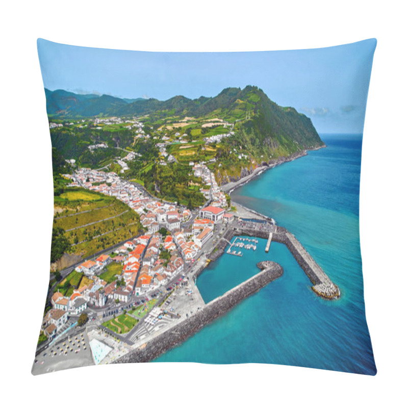 Personality  Aerial View Povoacao Townscape, Island Of Sao Miguel In Portuguese Archipelago Of Azores. Marina With Moored Boats, Town Rooftops And Surroundings Green Hills View From Above. Ponta Delgada. Portugal Pillow Covers