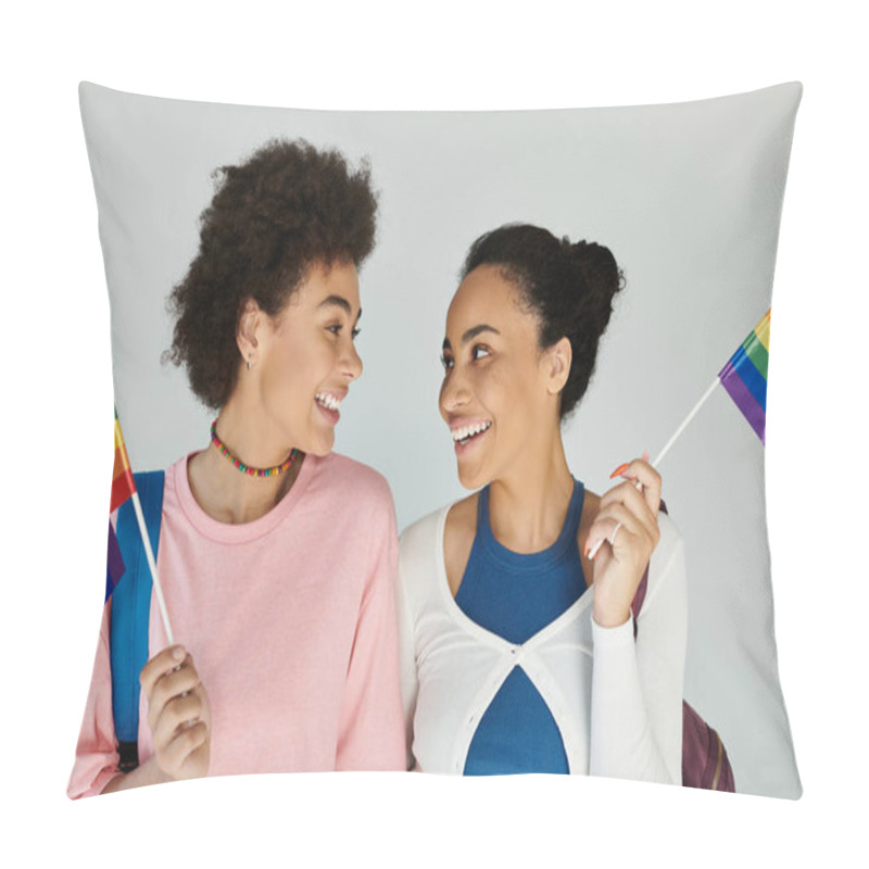 Personality  Two Friends Joyfully Share A Moment Together, Proudly Waving Rainbow Flags In Celebration. Pillow Covers