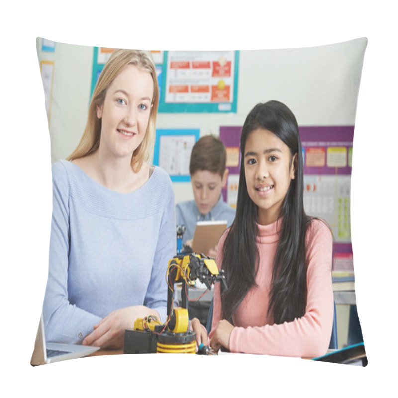 Personality  Teacher With Pupils In Science Lesson Studying Robotics Pillow Covers