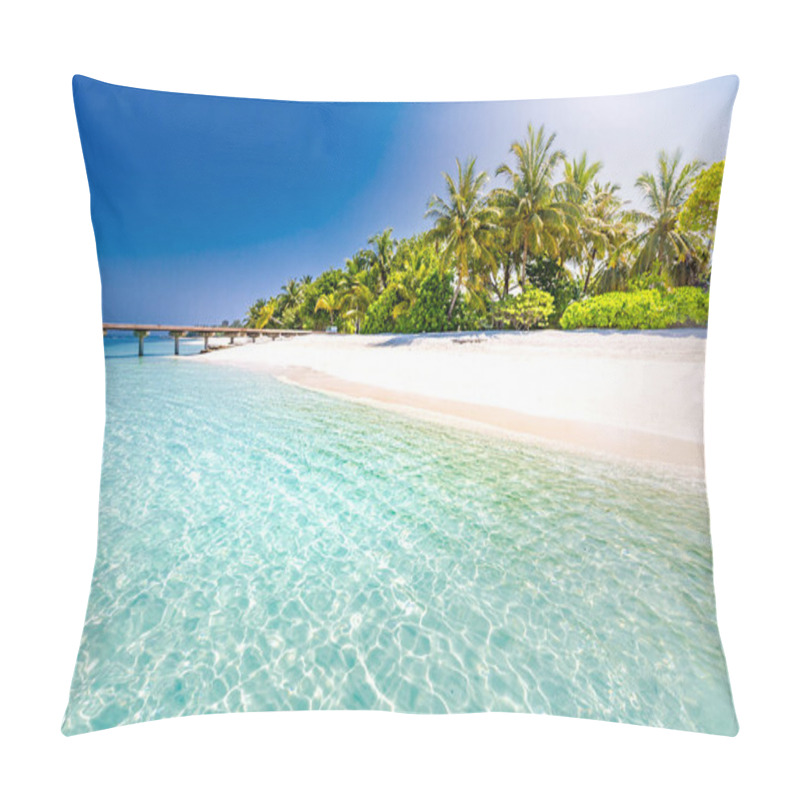 Personality  Tropical Beach Background As Summer Landscape With Beach Swing Or Hammock And White Sand And Calm Sea For Beach Banner. Perfect Beach Scene Vacation And Summer Holiday Concept. Boost Up Color Process Pillow Covers