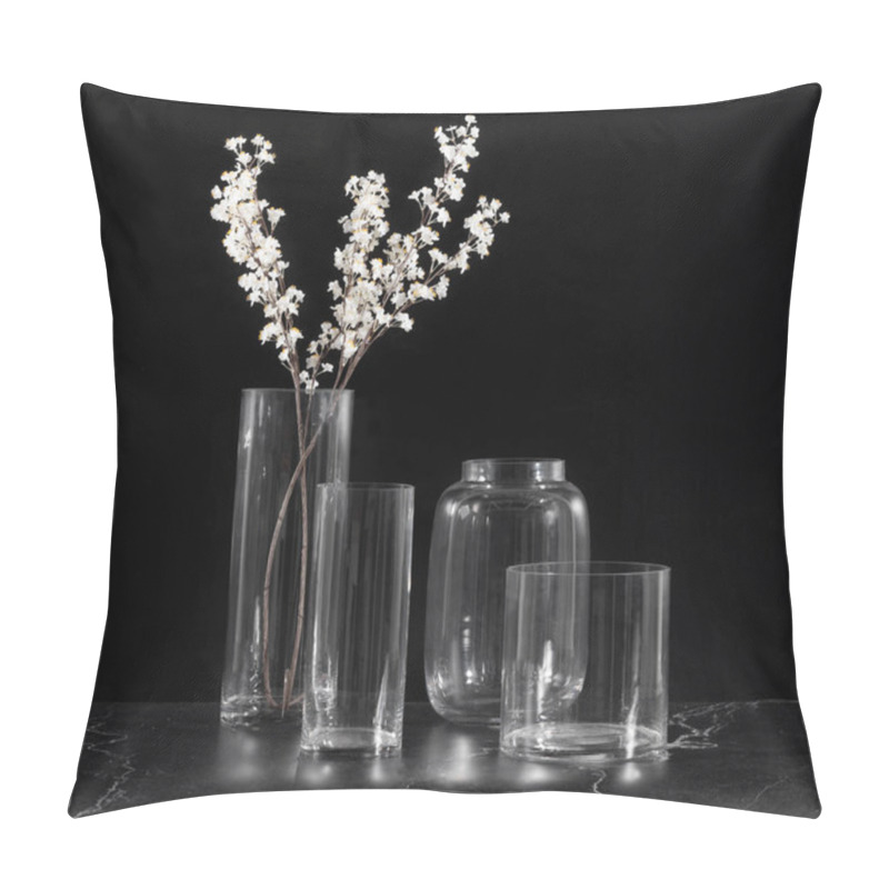 Personality  Elegant Clear Glass Vases In Varying Shapes, Styled With Delicate White Blossoms, Set Against A Dramatic Black Backdrop, Highlighting Modern And Minimalist Interior Decor Concepts. Pillow Covers