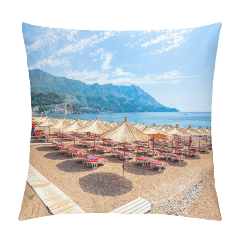 Personality  Becici Beach In Montenegro , Sun Umbrellas And Loungers At The Sandy Beach . Summer Adriatic Seaside Pillow Covers