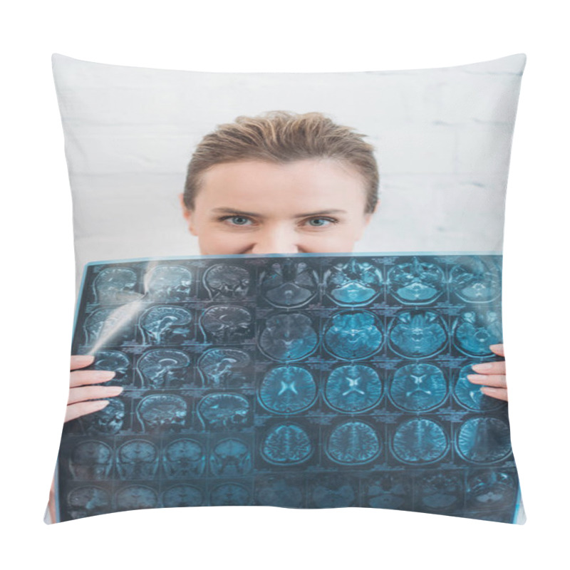 Personality  Female Doctor Covering Half Of Face With Mri Scan Pillow Covers