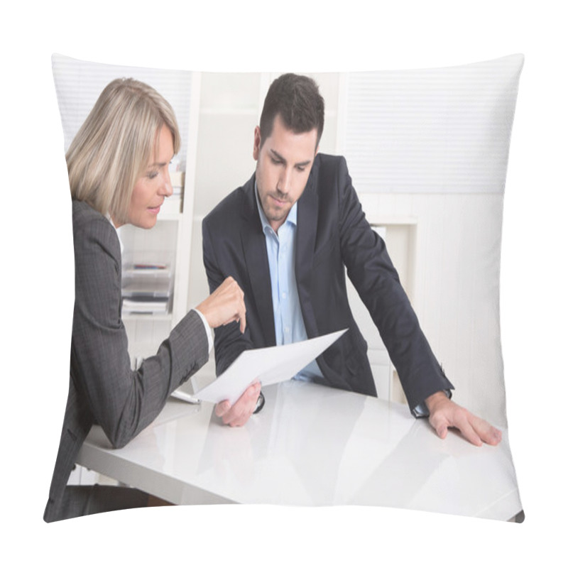 Personality  Successful Teamwork: Businessman And Woman Sitting At Desk Talki Pillow Covers