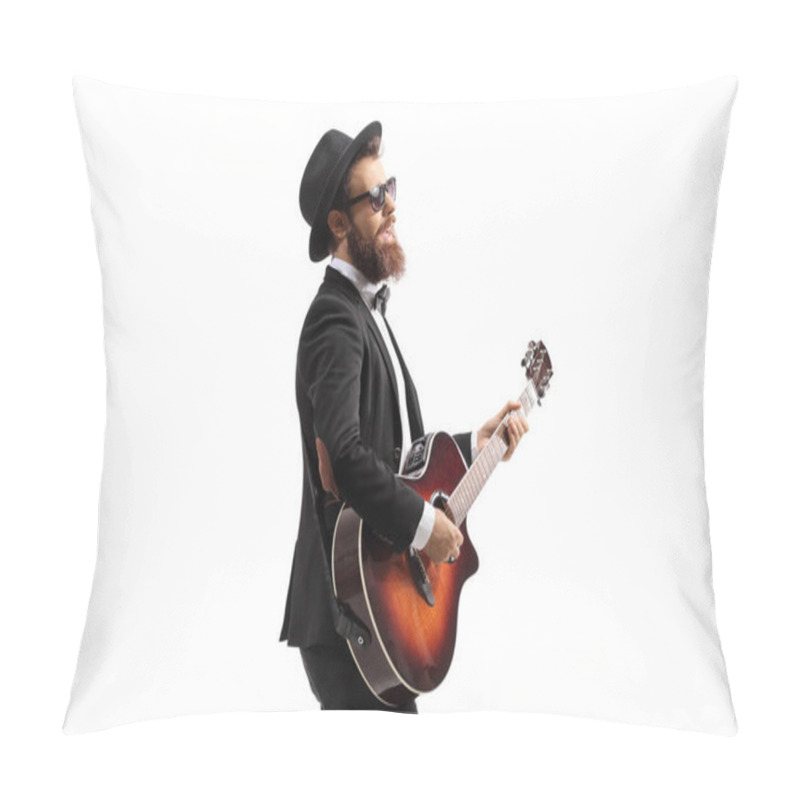 Personality  Man Walking And Playing An Acoustic Guitar Isolated On White Background Pillow Covers