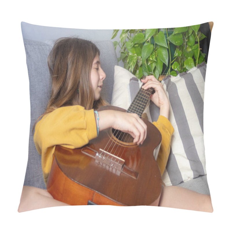 Personality  Young Girl Enjoying Her Guitar On A Sunny Morning At Home. Free Lifestyle Concept. Playing Instruments Concept.Horizontal Portrait. Pillow Covers