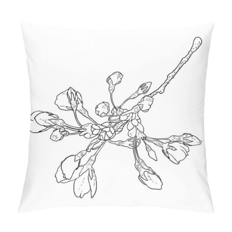 Personality  Hand Drawn Isolated Sakura Branch Twig. Spring Cherry Blossom Flowers Illustration In Black And White. National Flowers Of Japan. Tree Stick Of Sakura Pops And Buds Opening. Vector.  Pillow Covers