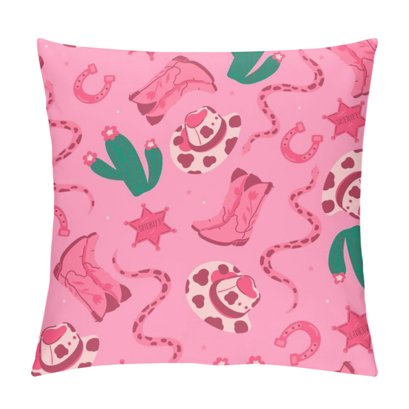 Personality  Trendy Pink Seamless Pattern With Cowboy Boots, Snakes, Hats, Cacti. Vector Image. Pillow Covers