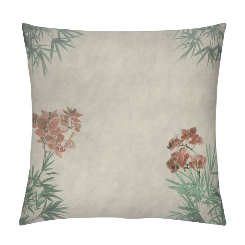 Personality  Orchids With Bamboo Leaves On Old Grunge Antique Paper Texture Pillow Covers