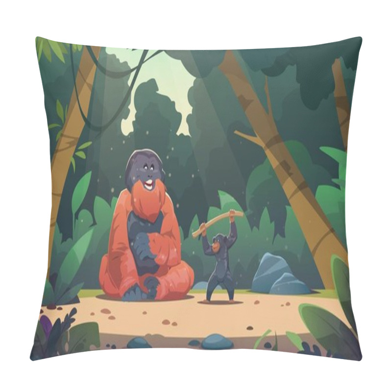 Personality  Monkeys In Jungle. Wildlife Exotic Landscape With Cute Apes On Palm Foliage, Cartoon Primates Climbing Lianas And Trees In Tropical Forest. Vector Flat Background. Wild Characters Outdoor Pillow Covers