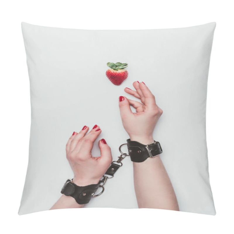 Personality  Female Hands Tied With Leather Handcuffs Reaching For Strawberry Isolated On White Pillow Covers