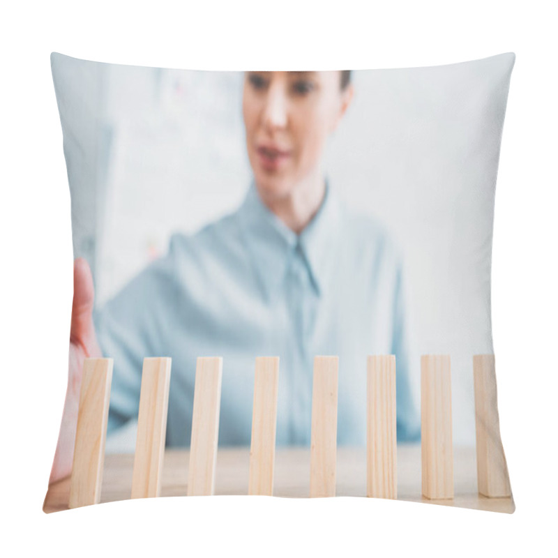 Personality  Close-up Shot Of Attractive Businesswoman Assembling Wooden Blocks In Row On Worktable, Dominoes Effect Concept Pillow Covers