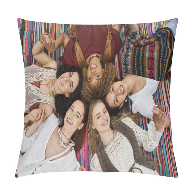 Personality  Top View Of Cheerful Interracial Women Looking At Camera On Blanket In Retreat Center Pillow Covers