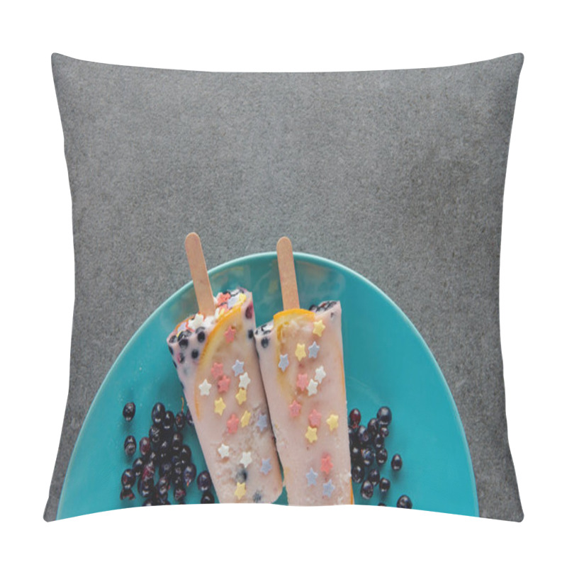 Personality  Top View Of Sweet Cold Popsicles With Berries On Plate On Grey Pillow Covers