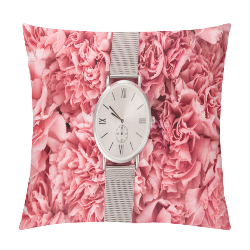 Personality  Top View Of Luxury Wristwatch Lying On Blooming Flowers Pillow Covers