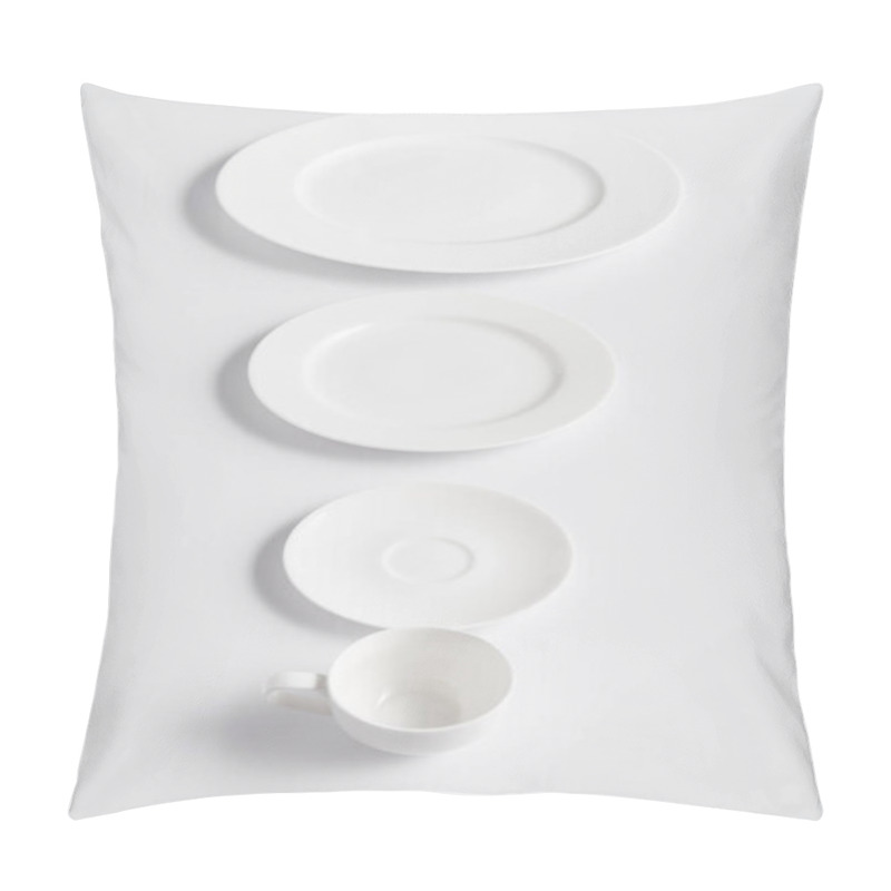 Personality  Selective Focus Of Arranged Various Plates And Cup On White Table Pillow Covers