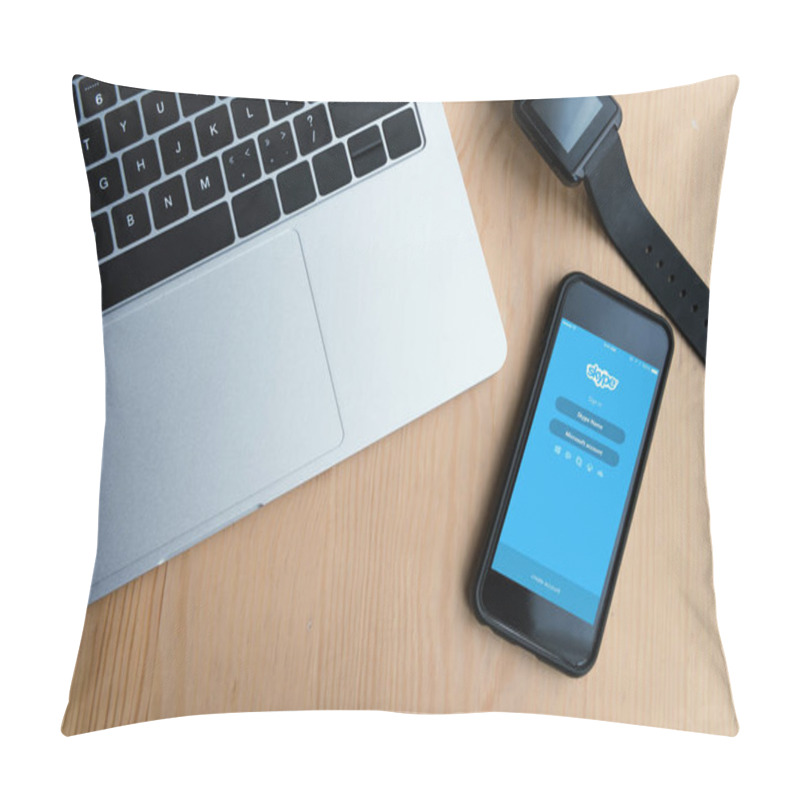 Personality  Top View Of Laptop, Smartwatch And Smartphone With Skype App On Screen Pillow Covers