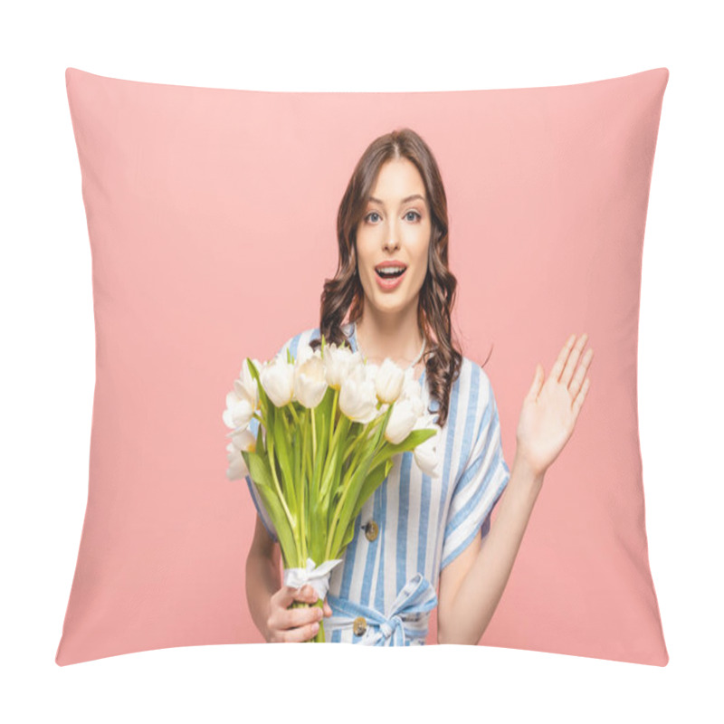 Personality  Excited Girl Waving Hand At Camera While Holding Bouquet Of White Tulips Isolated On Pink Pillow Covers