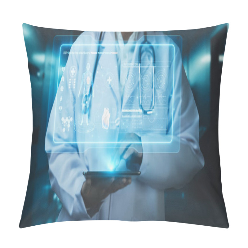 Personality  Close Up Of Doctor Holding HUD Dashboard Whole Body And Pointing For Diagnosis Symptom At Laboratory. Professional Medical Worker Inspecting And Examining Human Body Anatomy. Technology. Remedial. Pillow Covers