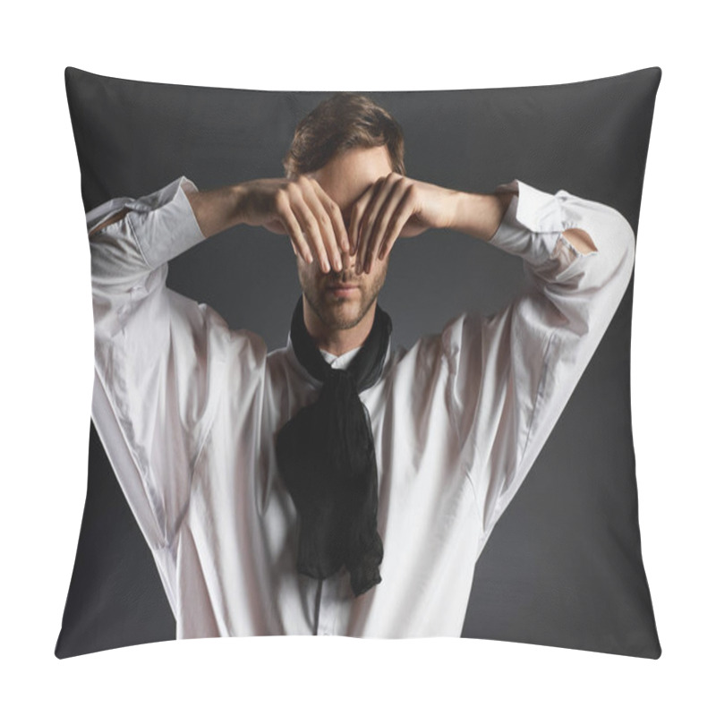 Personality  An Effortlessly Handsome Individual Showcases A Chic Style While Elegantly Hiding His Face. Pillow Covers