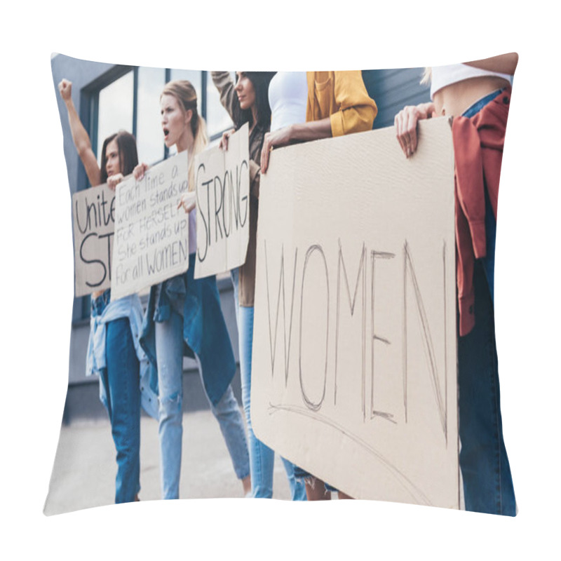 Personality  Cropped View Of Feminists Holding Placard With Word Women On Street Pillow Covers