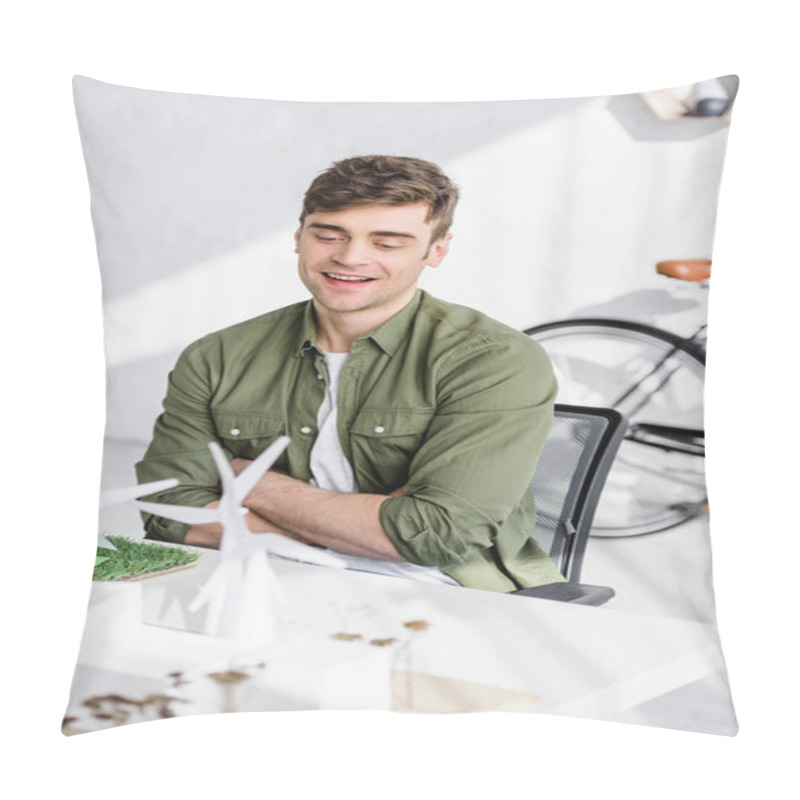 Personality  Architect Sitting At Table With Windmills, Buildings And Trees Models In Office Pillow Covers