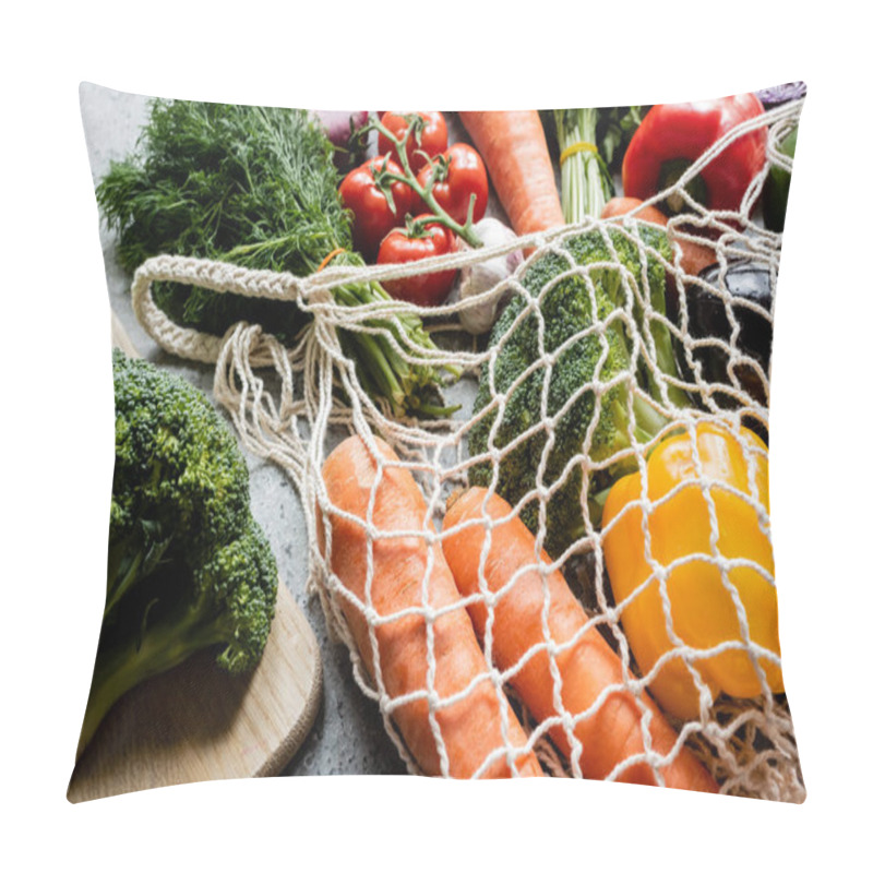 Personality  Fresh Ripe Vegetables In String Bag Near Cutting Board On Grey Concrete Surface Pillow Covers