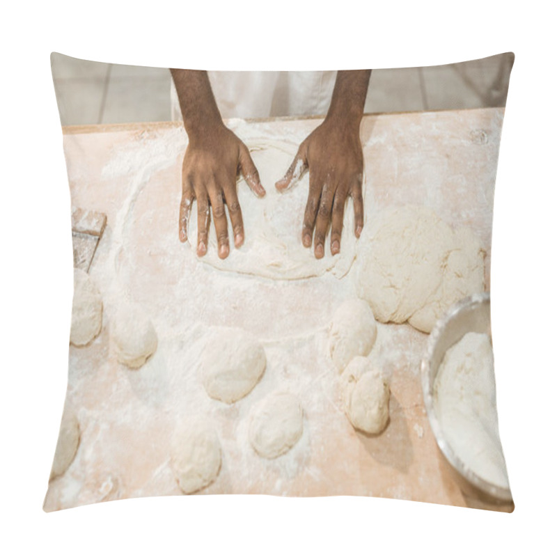 Personality  Cropped Shot Of African American Baker Kneading Dough For Pastry On Messy Table Pillow Covers