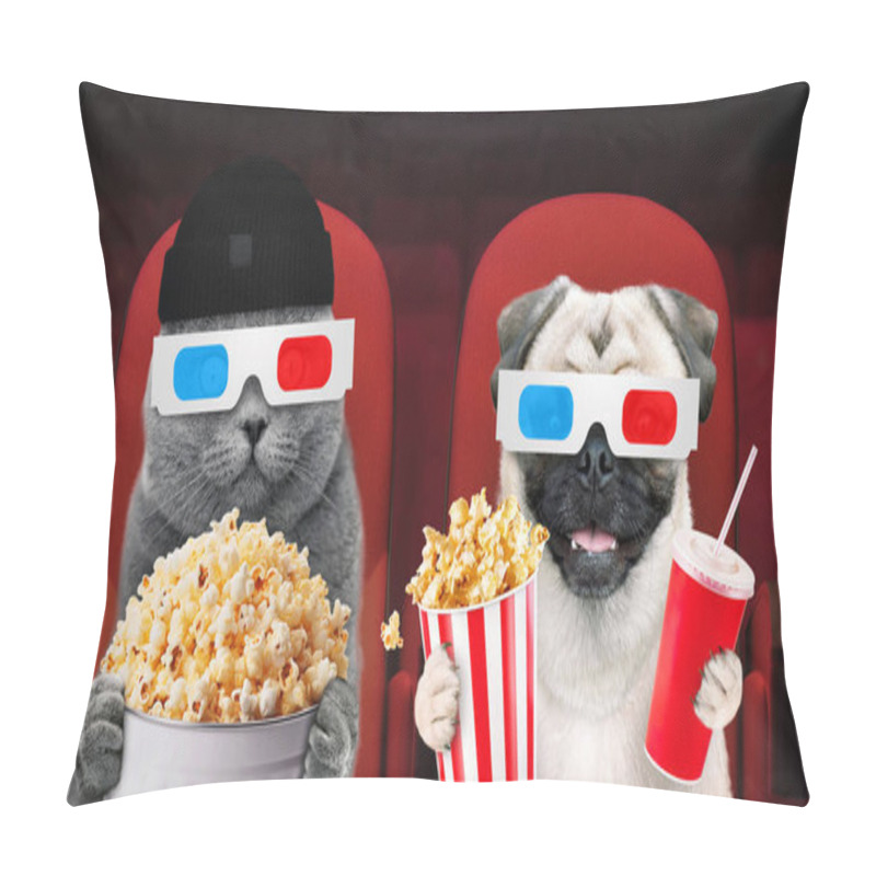 Personality  Two Funny Friends Animals Cat And Dog With 3d Glasses Are Sitting In The Cinema And Watching A Movie. Watching Movies Together. Time Relax. Film Industry. Cinema, Concept. Creative Idea Pillow Covers