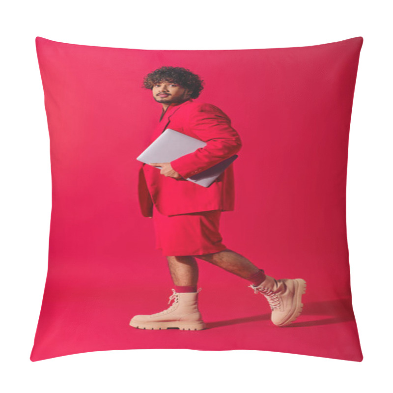 Personality  Handsome Man In Red Attire Holding A Laptop. Pillow Covers