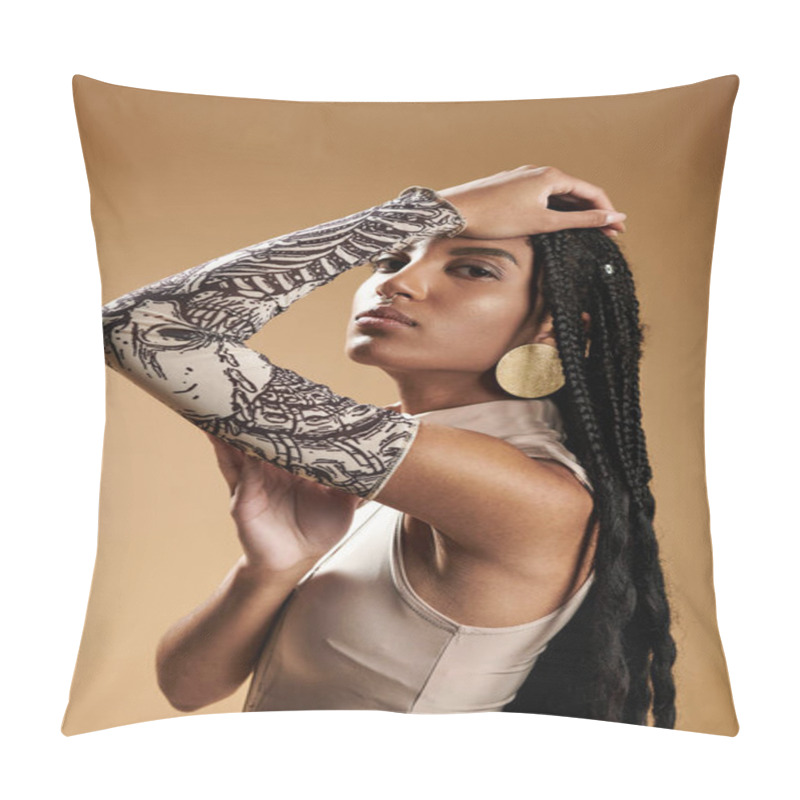 Personality  The Young Woman Captivates With Her Striking Style And Artistic Details In An Elegant Pose. Pillow Covers