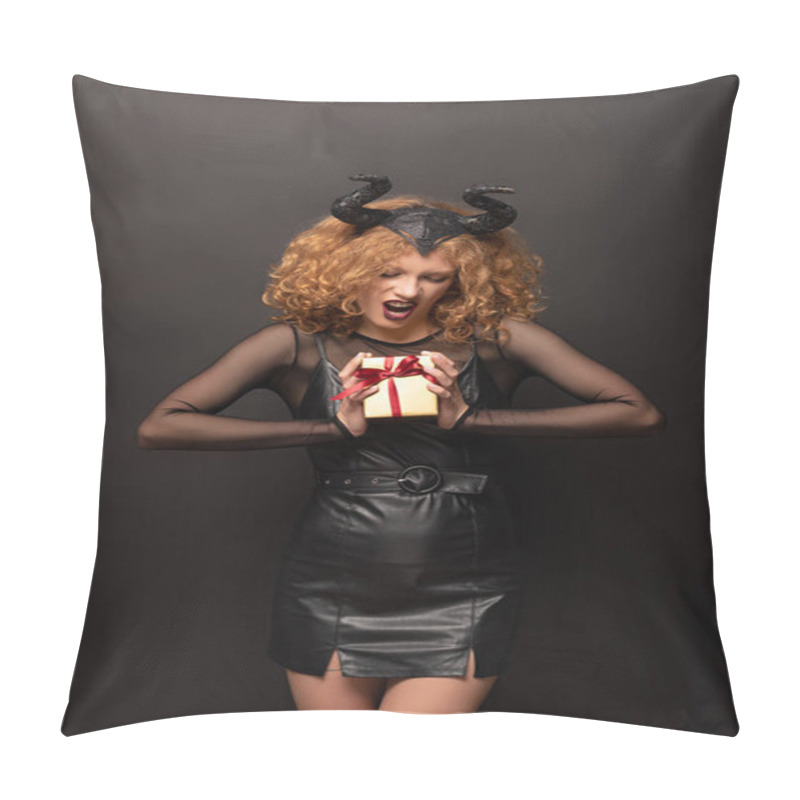 Personality  Scary Curly Woman In Maleficent Costume Holding Gift Box For Halloween On Black  Pillow Covers