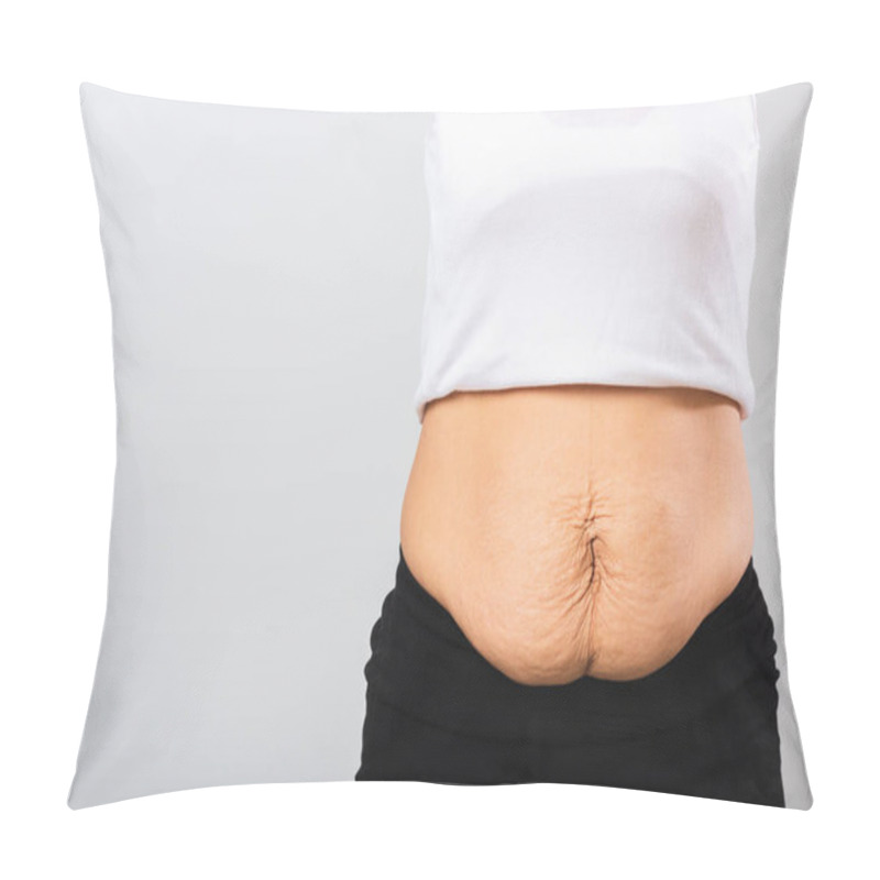 Personality  Close Up Of Asian Mother Woman Showing Stretch Mark Loose Lower Abdomen Skin She Fat After Pregnancy Baby Birth, Studio Isolated On White Background, Healthy Belly Overweight Excess Body Concept Pillow Covers