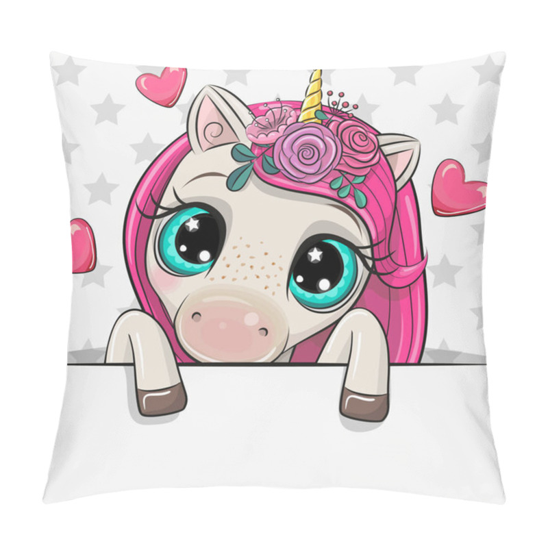 Personality  Cartoon Unicorn Is Holding A Placard On A Stars Background Pillow Covers