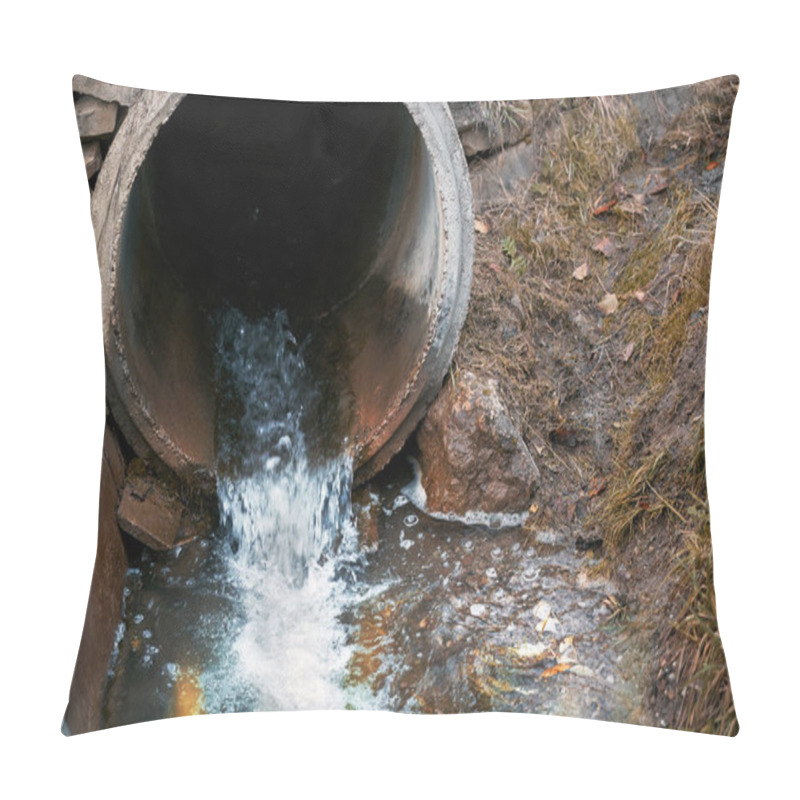 Personality  A Sewage Pipe Drains Toxic Wastewater Into A River, Causing Environmental Pollution And Ecological Damage. Pillow Covers