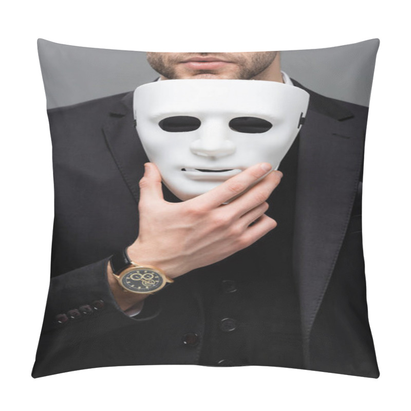 Personality  Cropped View Of Corporate Manager Holding Face Mask Isolated On Grey Pillow Covers